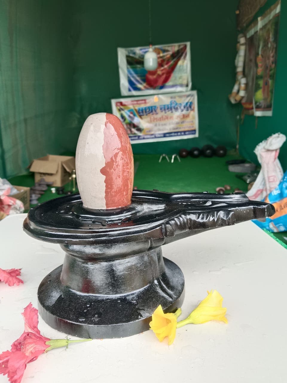Narmadeshwar Shivling on a black yoni pitha decorated with fresh red hibiscus and yellow flowers for puja