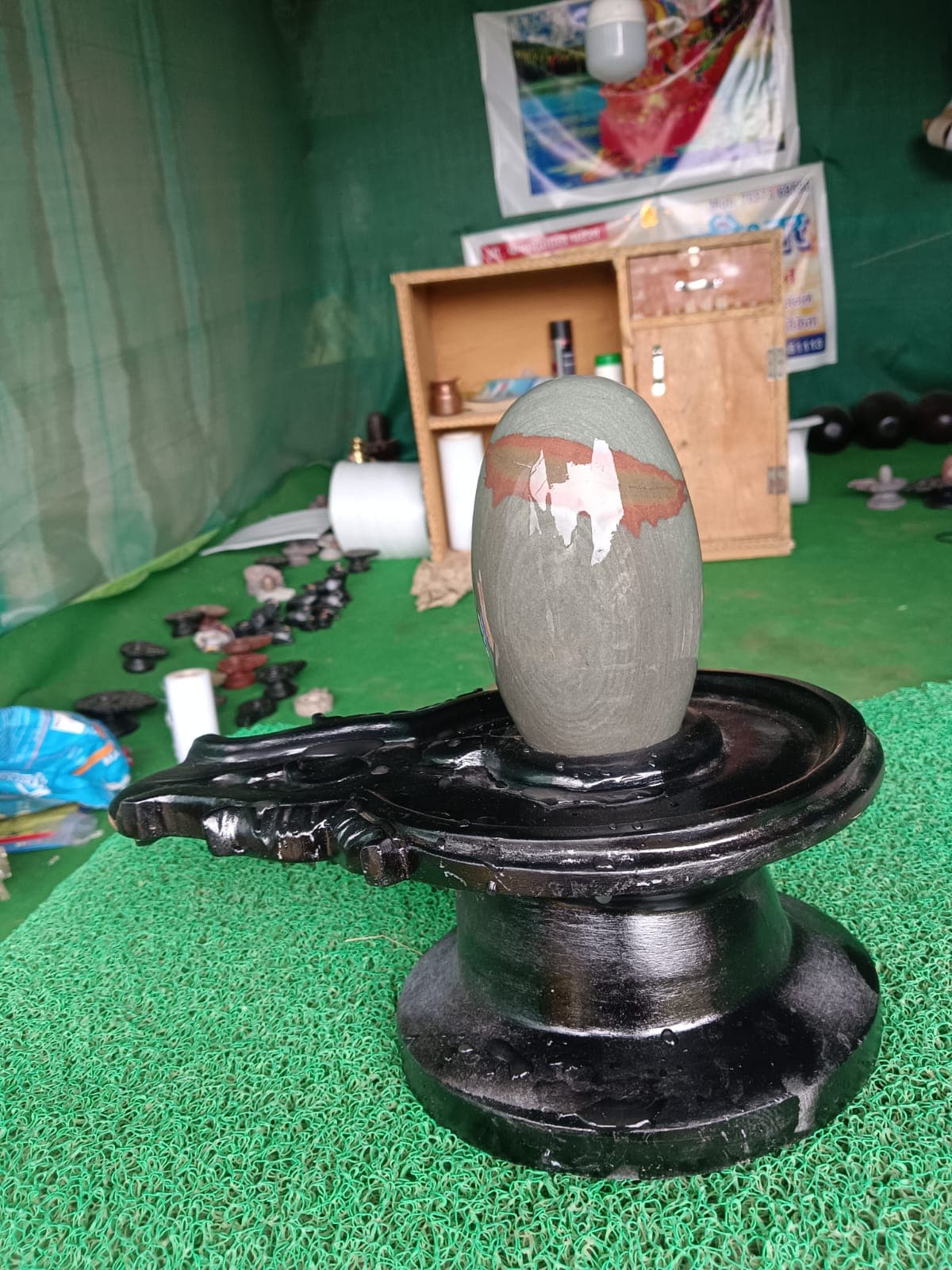 Grey Narmadeshwar Shivling with a golden-brown cap marking on a black stone jaldhara base