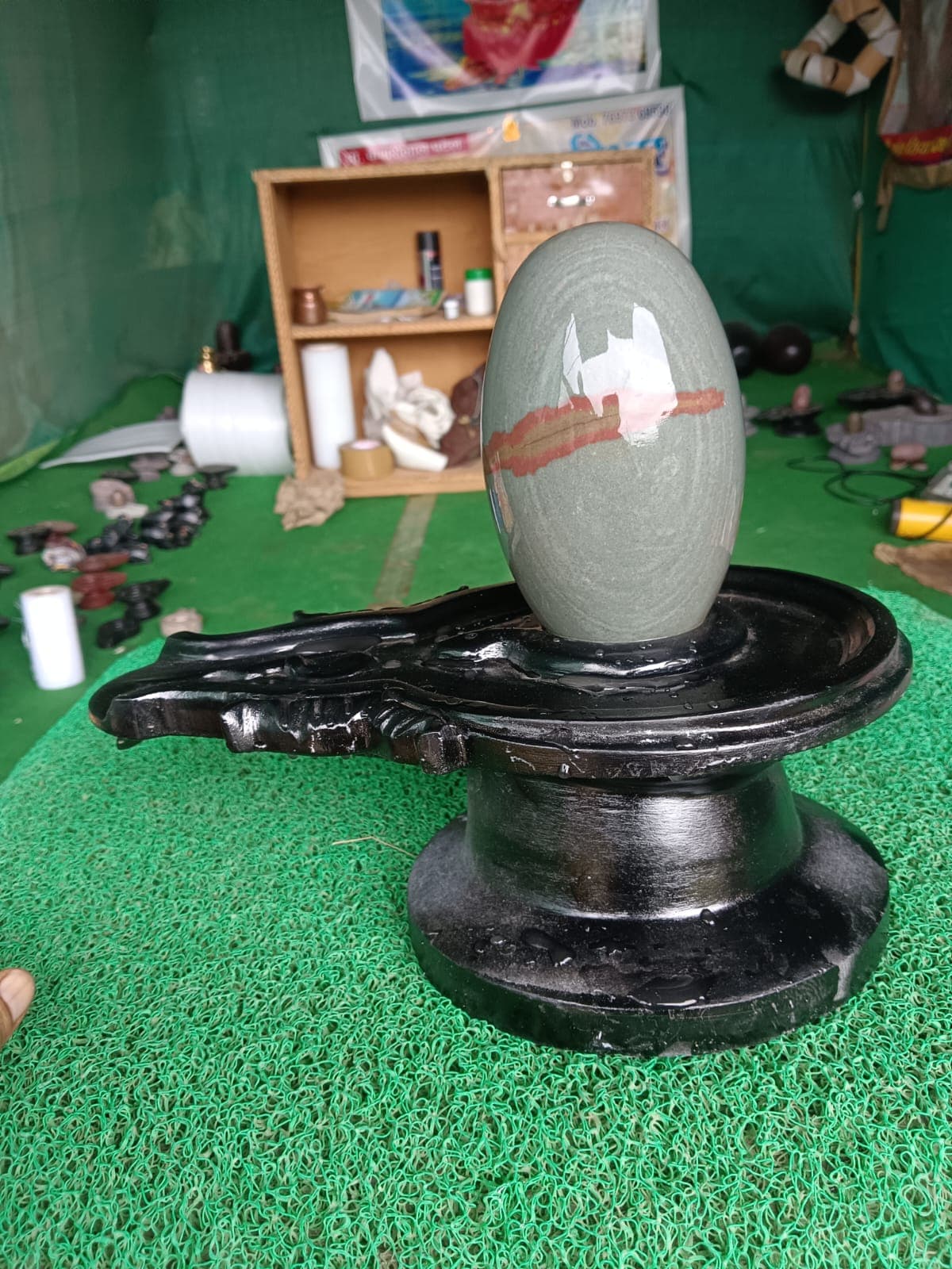 Grey-green Narmadeshwar Shivling with white natural markings, on a black granite base