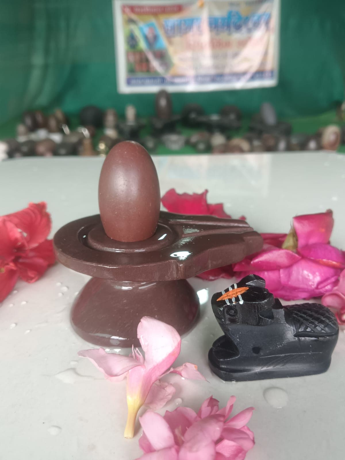 Deep brown Narmadeshwar Shivling on a maroon marble yoni pitha with Nandi and fresh flower offerings