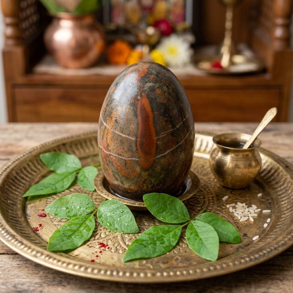 Three-leaf belpatra arranged on a brass plate beside a Narmadeshwar Shivling