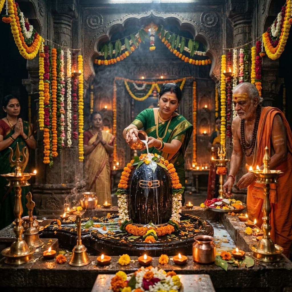 A family performing abhishekam at a Shiva temple