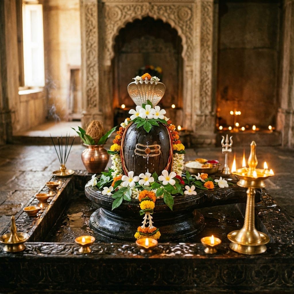 Shiva temple decorated with marigold garlands for Sawan Somvar worship