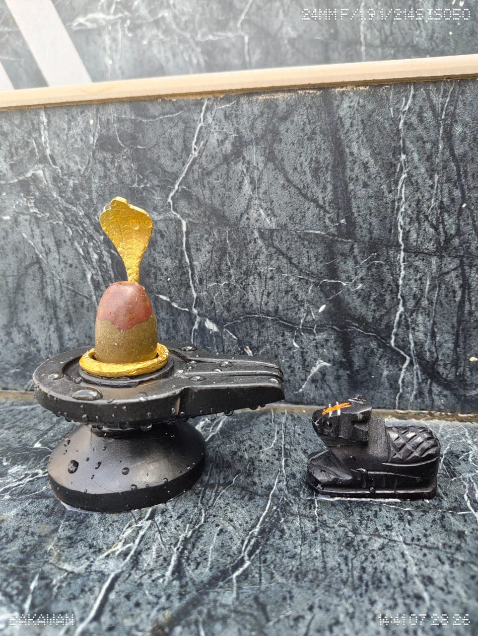2 Inch Two-Tone Narmadeshwar Shivling with Nandi — Red & Olive Narmada Stone