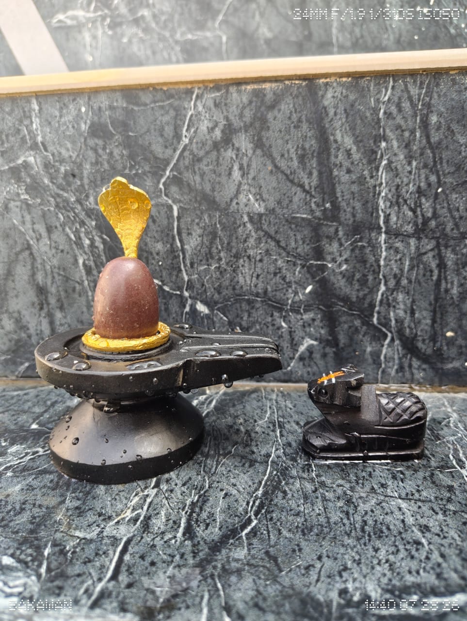 2 Inch Narmadeshwar Shivling with Nandi & Black Stone Jaldhara — Deep Maroon Narmada Stone